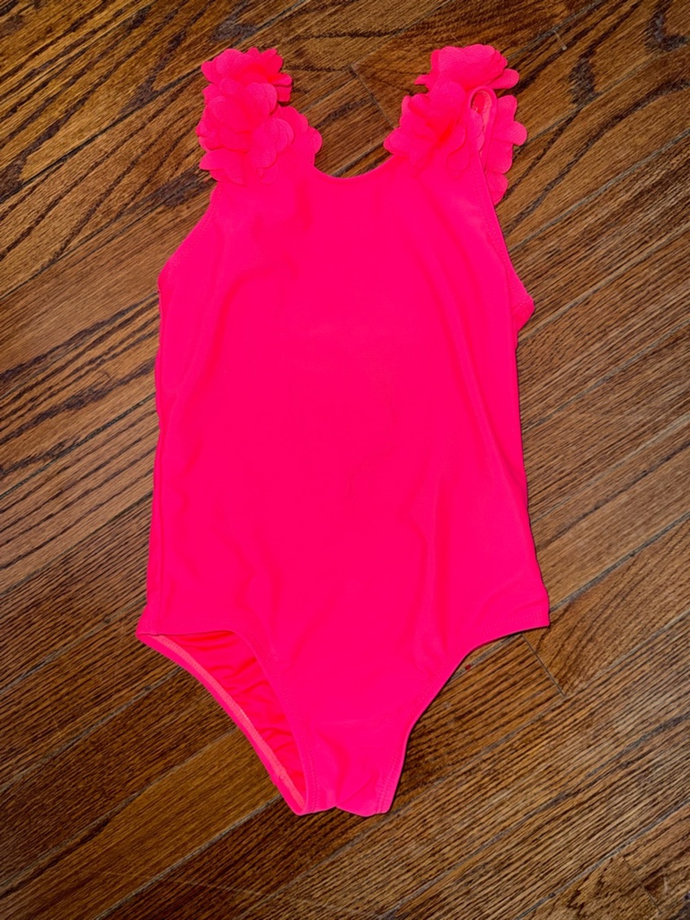 Girls Neon Pink One-Piece Swimsuit with Flower Shoulder Detail